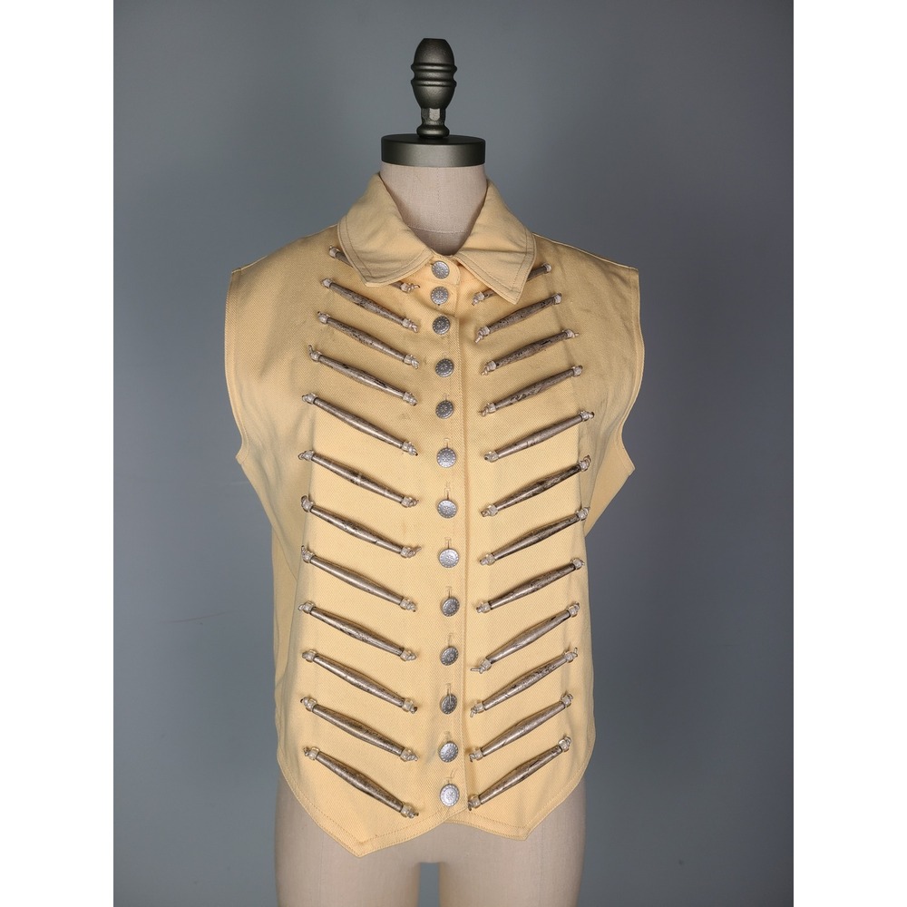 VTG Double D Ranch Sz M Jean Vest Beaded Yellow Western Military Native American